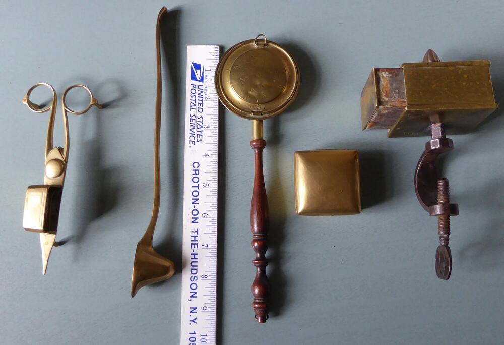 VTG Antique Brass Sewing Box, Candle Snuffer, Wick Trimmer, Box, Mini Warmer